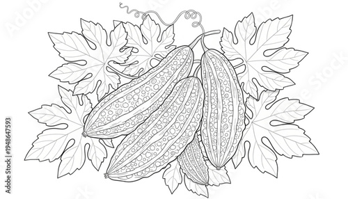 Bitter Gourd Line Art Illustration. Fresh Organic Vegetables Drawing for Healthy Eating, Cooking Recipes, and Wellness Design