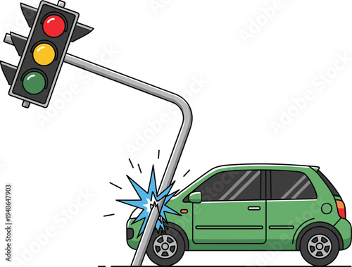 Car crashing into traffic light pole, road accident cartoon vector illustration, vehicle collision damage concept, urban traffic safety warning