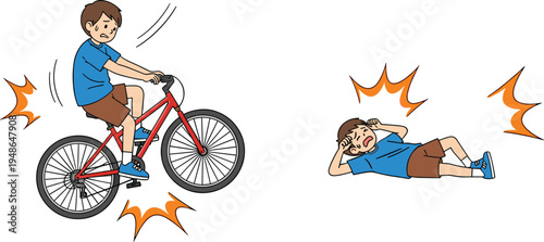 Boy falling from bicycle accident, injured child after cycling crash, kids safety awareness concept cartoon vector illustration