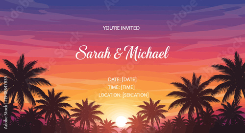 Sarah and Michael wedding invitation with palm trees.