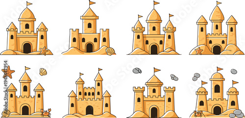 Sandcastle icons collection with beach sand castles, seashells and starfish, summer vacation seaside illustration set for kids design
