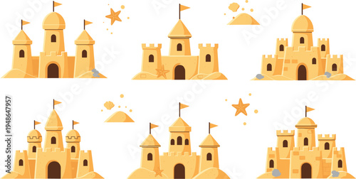 Sandcastle Vector Collection with Beach Sand Castles Summer Vacation Seaside Kids Play Illustration Set