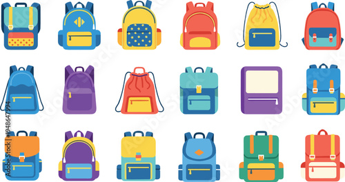 School Backpack Vector Collection with Colorful Bags Rucksack Student Travel Pack Education Accessories Illustration Set