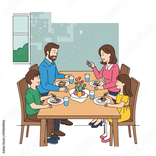Family enjoying a meal together at a table in a bright room