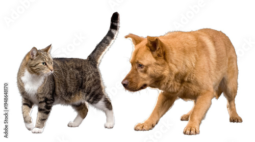 Photos Curious tabby cat and an alert brown dog showing cautious interaction, isolated on a transparent studio background
