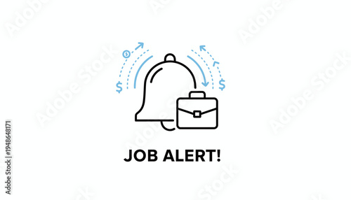 Job Alert Notification Bell and Briefcase Icon, Employment Opportunity Concept
