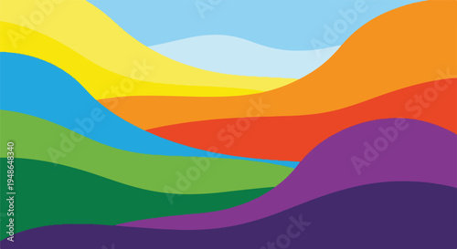 Colorful, layered, abstract landscape composed of fluid wave shapes