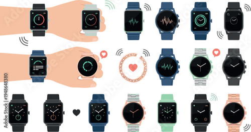 Smartwatch collection with fitness tracking, heart rate monitor and digital watch interfaces modern wearable technology illustration set