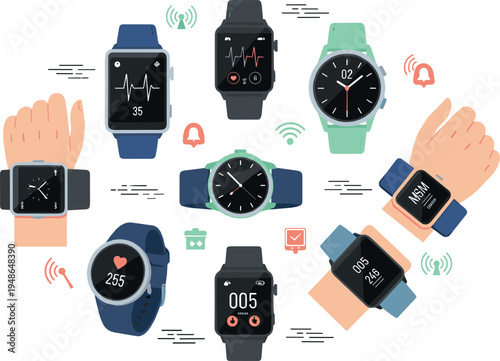 Smartwatch technology collection with wearable fitness tracker watches and health monitoring icons illustration set