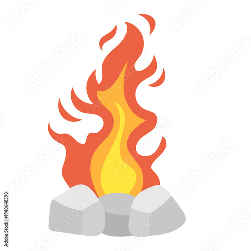 fire flame on stone base. heating source. camping fireplace