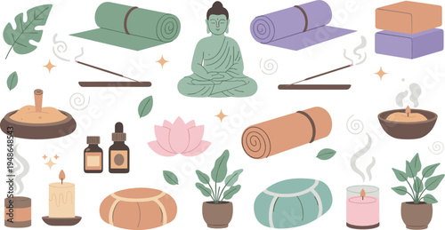 Spa wellness and meditation elements collection with Buddha, candles, yoga mats and aromatherapy illustration set