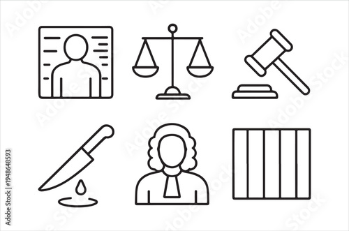 Legal symbols gavel scales of justice judge and prison elements