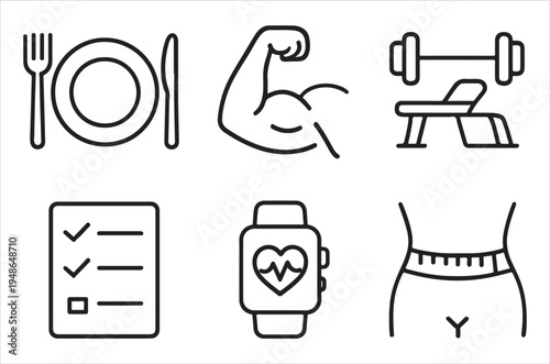Health and fitness icons depicting diet exercise and body tracking