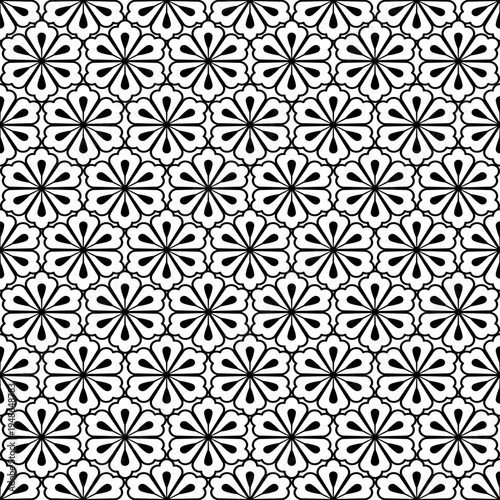 Seamless Black and White Floral Geometric Tile Pattern, Retro Decorative Ornament Background