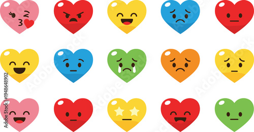 Colorful heart emoji faces set, cute love emoticons collection showing happy sad angry crying expressions, social media reaction icons