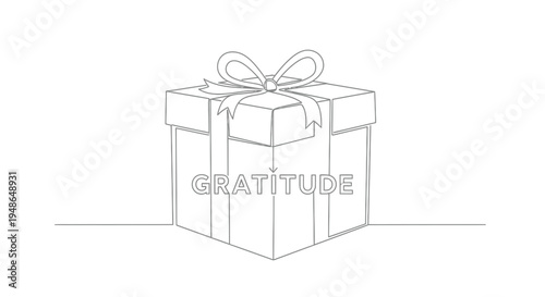 Gratitude Gift Box with Ribbon, Conceptual Line Art Illustration