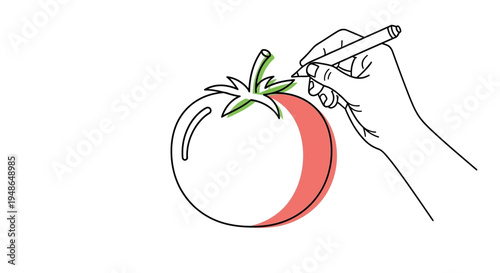 Hand drawing a tomato with colorful accents, creative process, food illustration