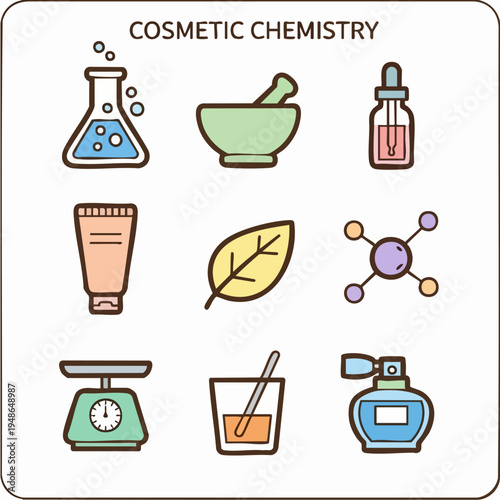 Cosmetic chemistry concept with various beauty product ingredients and tools