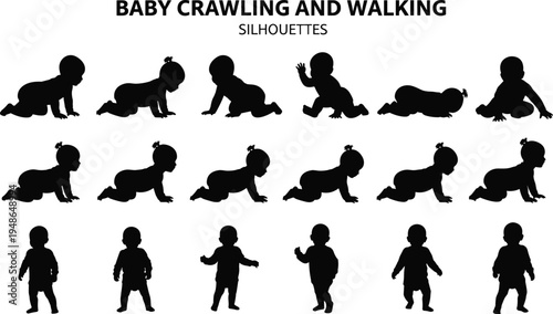 Baby crawling and walking silhouettes collection infant toddler movement stages crawling standing and walking poses isolated illustration set for childhood and parenting design