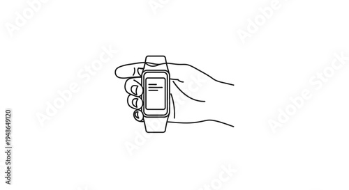 Hand holding a smartwatch displaying text message, simple line art illustration
