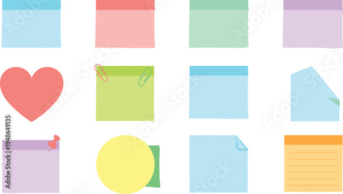 Colorful sticky notes set, reminder paper memo collection with pins clips and folded corner notes for office planning