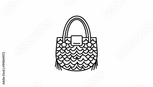 Handbag Icon, Outline Drawing of a Woven Bag with Fringe and Clasp