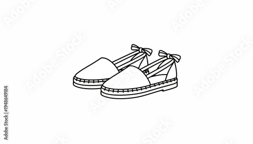 Hand-drawn espadrille shoes with ribbon ties, minimalist line art illustration