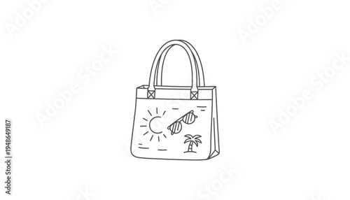 Hand-drawn beach tote bag with sunglasses, palm tree, and sun sketch