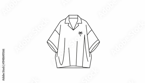 Fashion Sketch: Minimalist Black and White Line Art of a Loose-Fit Camp Shirt with Palm Tree Icon