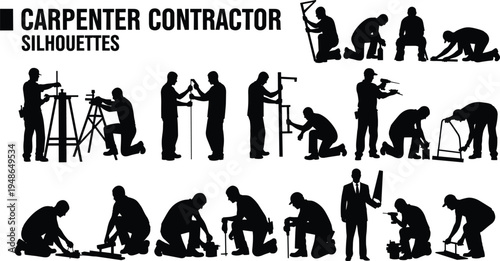 Carpenter contractor silhouettes construction workers measuring drilling cutting and installing wood structures professional carpentry labor set isolated illustration for building 