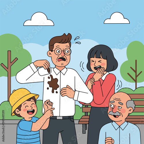 Family in a park, man with shirt stain, everyone shocked and laughing
