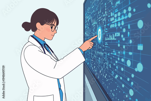 Doctor interacts with data display in modern medical facility during daytime