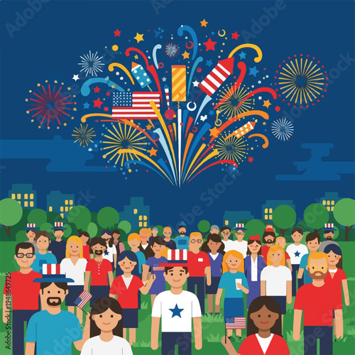 Colorful illustration of a crowd watching fireworks during a summer celebration