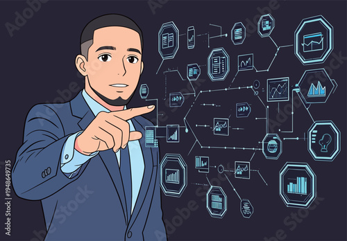 Businessman presents data in a digital format during a corporate meeting in a modern office