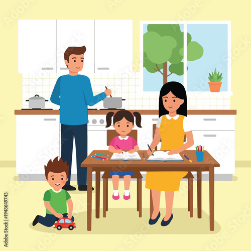 Family in kitchen. Dad cooks while mom and daughters do homework with son