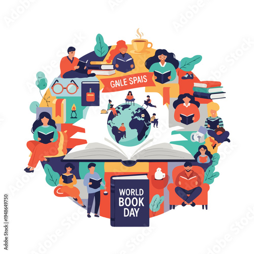 Colorful illustration of people reading books, set in a circular design