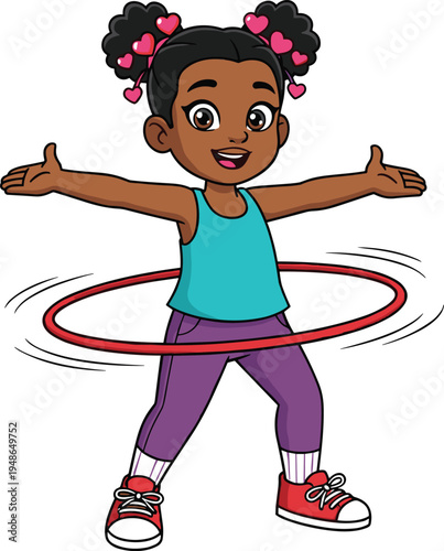 Cute cartoon girl playing with hula hoop exercise activity smiling child character with hearts hair accessories colorful kids fitness vector illustration