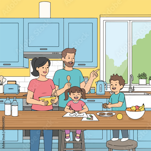 Family in the kitchen preparing food, smiling, and drawing