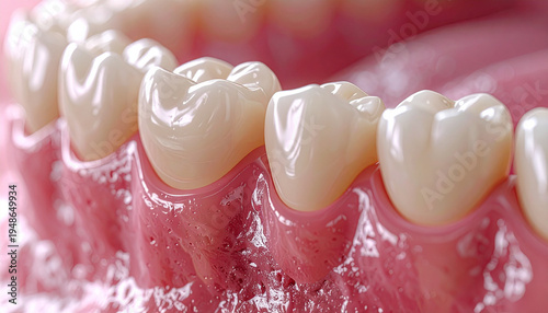 Close-up view of a dental structure showing a section of teeth with a noticeable gap or cavity, focusing on the detailed texture of the gums and teeth.