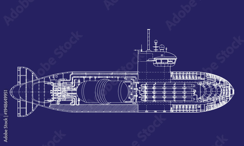 Nuclear Submarine Cutaway Technical Vector Illustration, Detailed Submarine Internal Structure Diagram Showing Reactor Compartment, Torpedo Room, Crew Living Area, Military Naval Engineering Blueprint