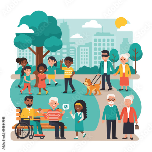 Colorful illustration of a diverse community in a park setting