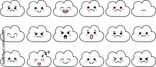 Cute cloud emoji faces set, kawaii weather emoticons collection showing happy sad angry sleepy expressions for chat, stickers designCute cloud emoji faces set