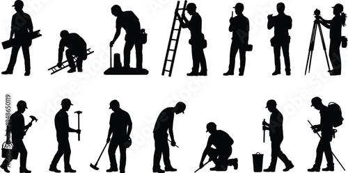 Construction and survey worker silhouettes set with ladder tripod hammer tools, professional builders engineers and technicians, isolated black vector illustration collectionConstruction and 