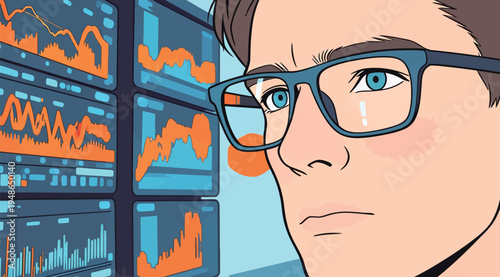 Man analyzes data on screen in financial office during daytime hours