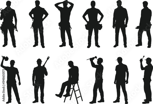 Construction worker silhouettes set with tools and working poses, builders holding hammer and equipment, professional manual labor workforce concept, isolated vector illustration