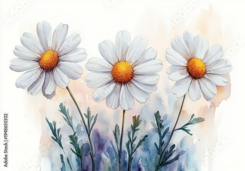 three white daisies with golden centers, slender green stems and feathery foliage against a soft pastel watercolor wash, evoking gentle peaceful cheer