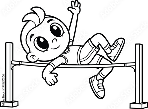 Cute kid jumping over hurdle bar, children athletics sport activity cartoon outline coloring page illustration for kids