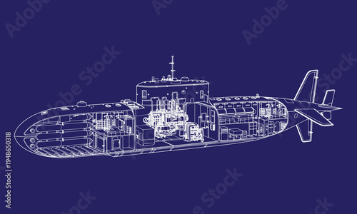 Nuclear Submarine Cutaway Technical Vector Illustration, Detailed Submarine Internal Structure Diagram Showing Reactor Compartment, Torpedo Room, Crew Living Area, Military Naval Engineering Blueprint