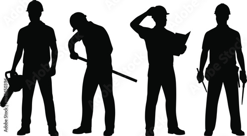 Construction worker silhouettes with chainsaw shovel and tools set, builders reading blueprint and manual labor professionals, industrial workforce concept, isolated vector illustration