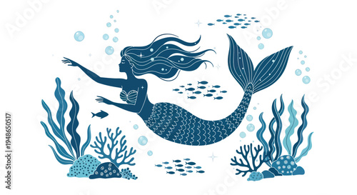 Whimsical Mermaid Swimming Underwater with Fish and Seaweed